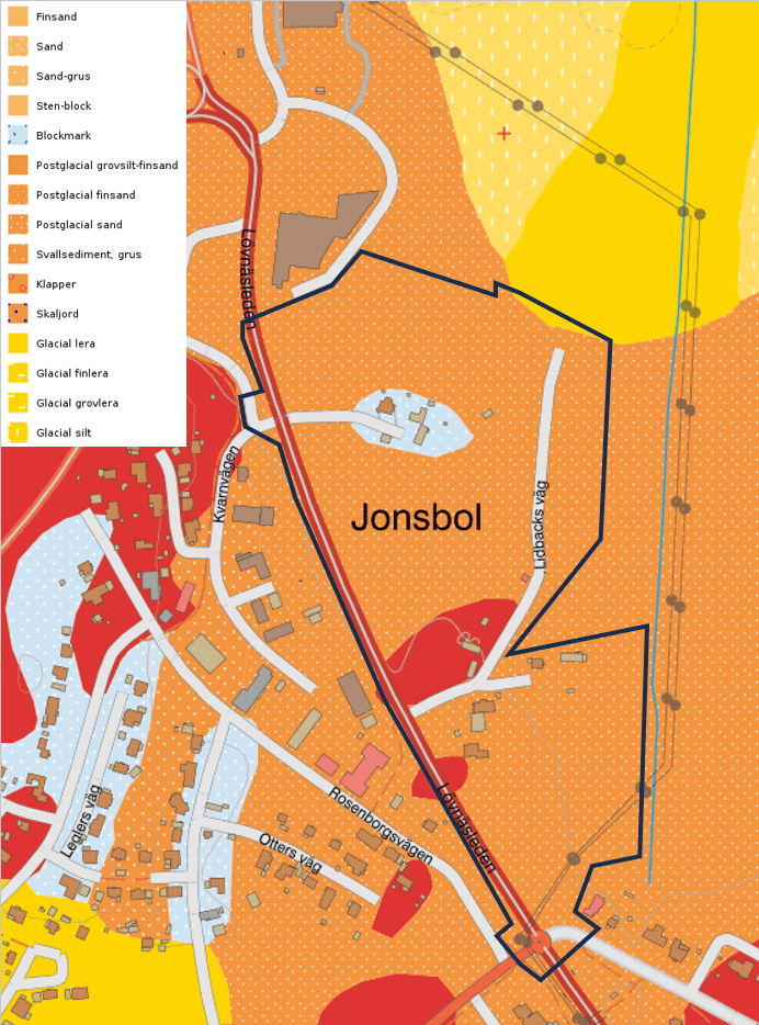 SGU:s kartbild över Jordarter 1:25000 - 1:100000 med ungefärligt planområdet markerat.