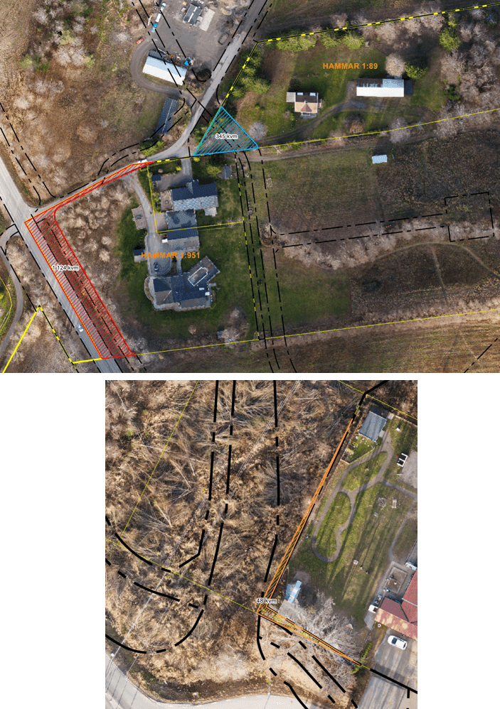 Överblicksbild av expropriering av fastigheterna Hammar 1:951 och HAMMAR 1:89.