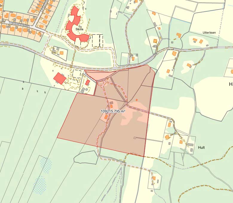 Ungefärligt planområde markerat med rött. 