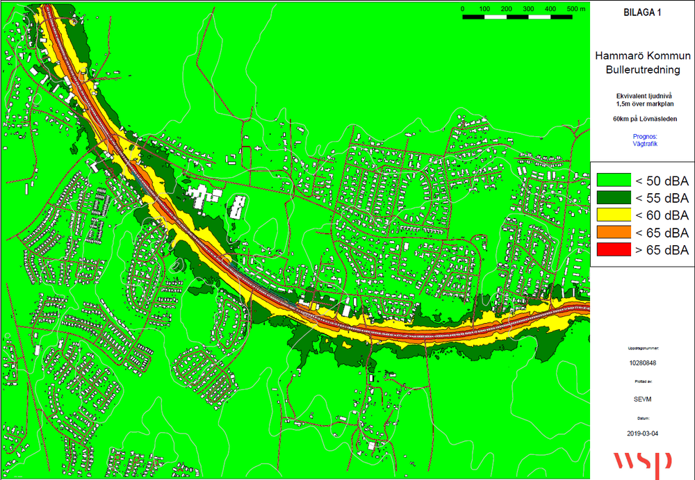 Urdrag från bullerutredningen över Lövnäsleden som togs fram år 2019 för hastigheten 60 km/h. 