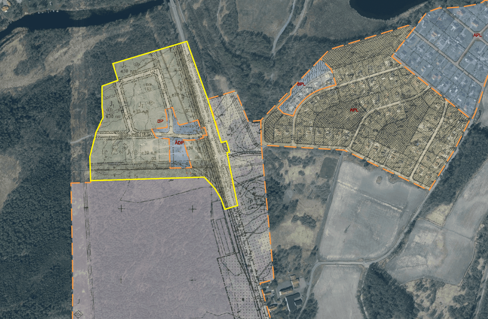 Planmosaiken i området med detaljplaneområdet inom gult område.